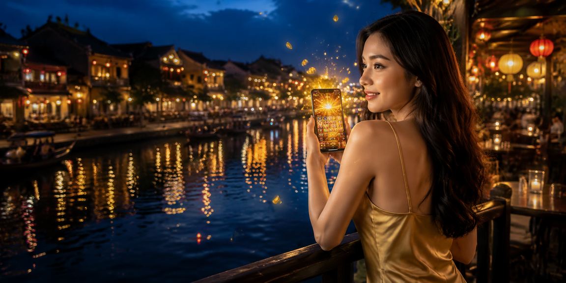 Người chơi tại Hội An thưởng thức slot game trực tuyến bên tách cà phê buổi sáng